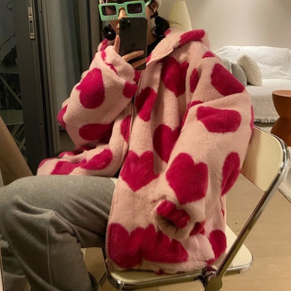 dyuki Jackets & Blazers - Galantine Vibes DYUKI Faux Fur Pink Hearts Jacket